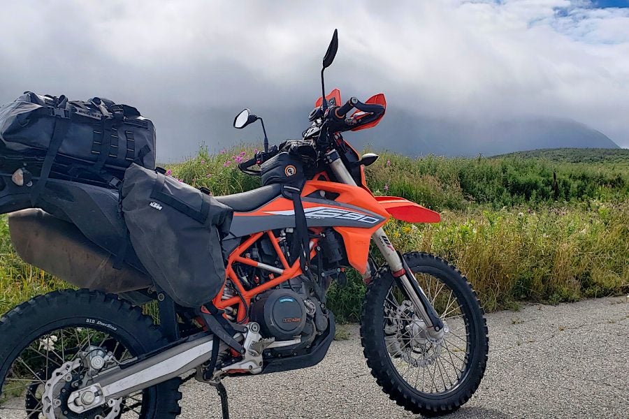 The Nelson Rigg Hurricane 2.0 tailbag/backpack on tour in Newfoundland. Photo: Zac Kurylyk