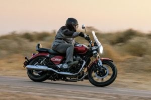 The Super Meteor 650 has a fair bit of ground clearance and lean angle. It needs it it India. Photo courtesy of Royal Enfield
